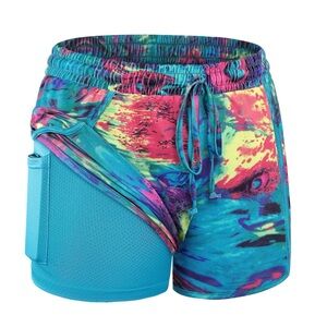 Blevonh Rainbow Peacock Yoga Running Shorts 2 in 1 Workout Athletic Shorts 2XL
